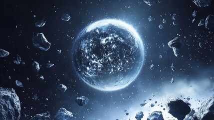 Naklejka premium Icy Celestial Body Surrounded by Asteroids in a Dark Nebula