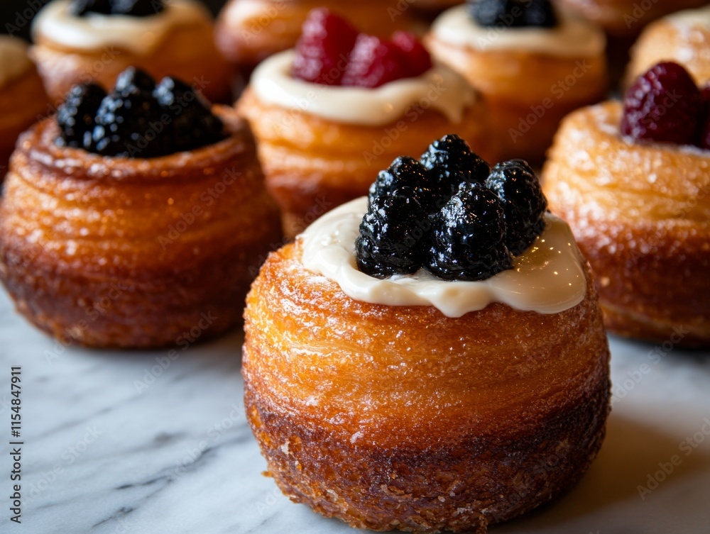 Poster Close-up view of assorted cronuts filled with rich creams and jams on a marble countertop, highlighting their intricate layers and appetizing appeal