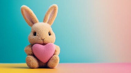 Toy brown bunny with a pink heart isolated on colorful background