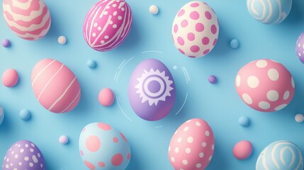 A playful and colorful pattern of Easter eggs in pink, purple, and blue on a soft blue background 