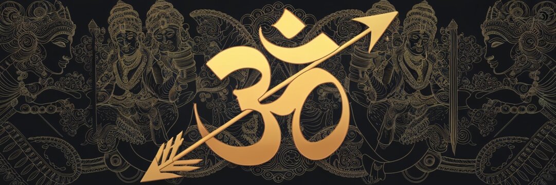 Gold Om symbol pierced by arrow, deities backdrop.