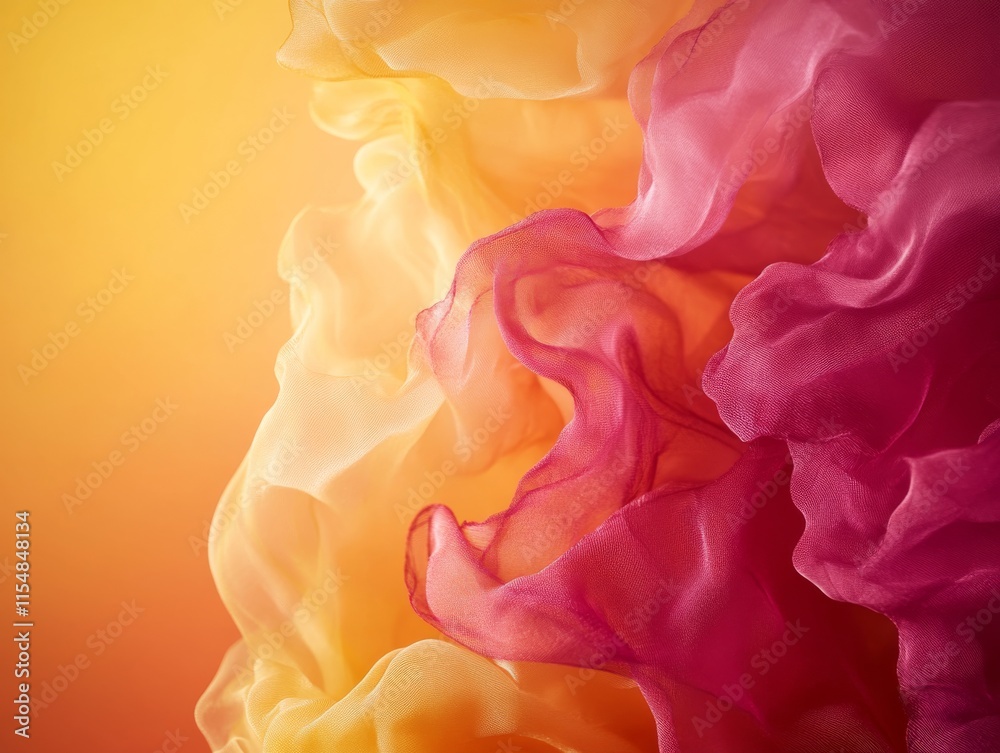 Leinwandbilder Translucent red and yellow fabric flows gracefully, layered with delicate leaf patterns, creating a dynamic visual against a softly gradient backdrop