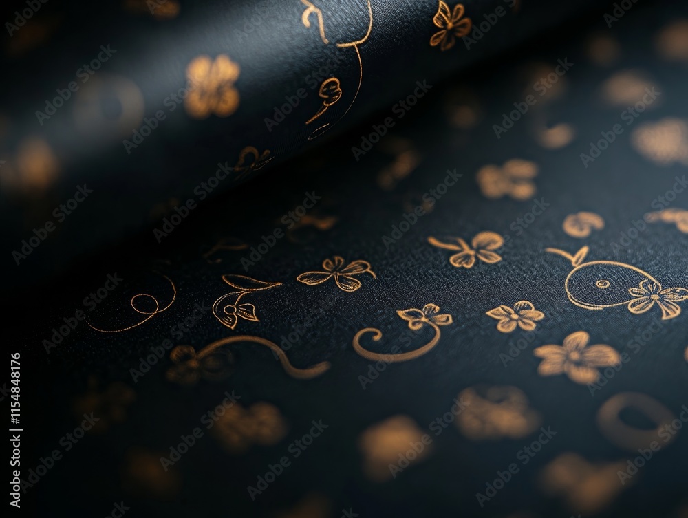 Aufkleber Textured black and gold floral wallpaper showcases shimmering metallic patterns, creating a dramatic effect with a soft light and generous copy space on the left