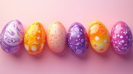 Obraz premium A playful, colorful arrangement of Easter eggs in shades of orange, yellow, and purple on a light pink background 