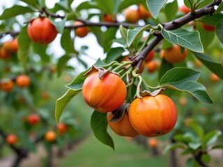 Ripe Orange Persimmon Fruit on Tree Branches Autumn Harvest