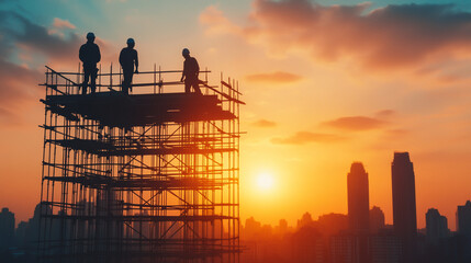 Silhouettes of workers on scaffolding against a vibrant sunset skyline.