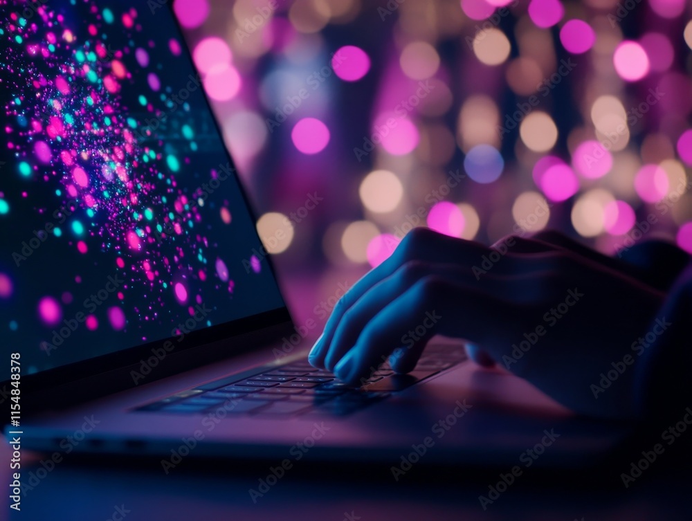 Poster Hands are actively typing on a laptop displaying colorful business graphs, illustrating growth trends and providing ample space for additional content