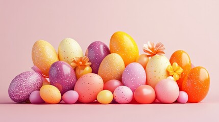 Obraz premium A playful, colorful arrangement of Easter eggs in shades of orange, yellow, and purple on a light pink background 