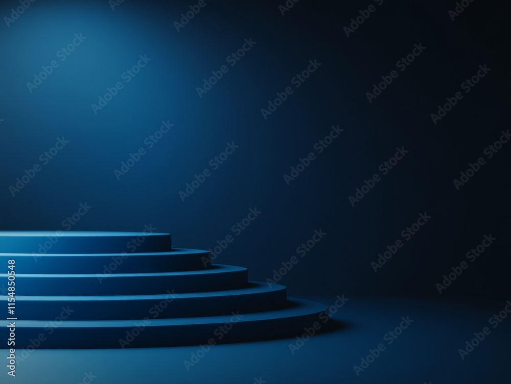 Poster a low-angle shot features a navy-blue circular stage glowing against a gradient blue backdrop, creat
