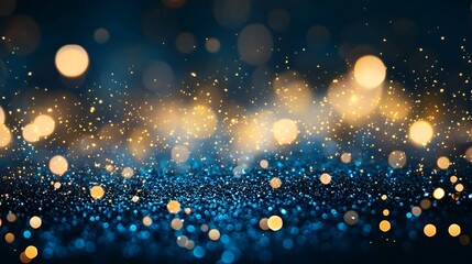 Blue and gold abstract background with bokeh lights. Glitter effect on a dark blue background, glowing particles, and golden stars for a luxury design concept banner template.