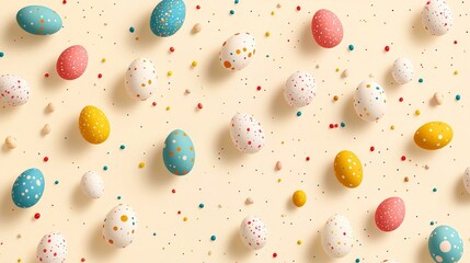 A whimsical design featuring small colorful Easter eggs in an abstract pattern on a pale yellow background 
