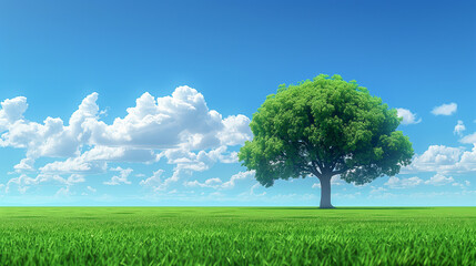 Obraz premium Lone Tree on Vibrant Green Field Under Clear Blue Sky..