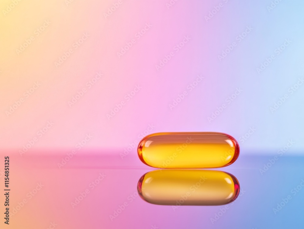 Poster a single translucent yellow capsule is positioned on a soft pastel gradient backdrop, showcasing lig