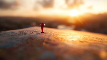 A vibrant red pushpin is embedded in a textured map, illuminated by soft golden sunlight during sunset, casting gentle shadows and inviting exploration
