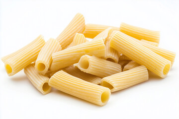 Selective focus pasta isolated on white background, Close up shot instant noodle on white, Fresh penne pasta on white.