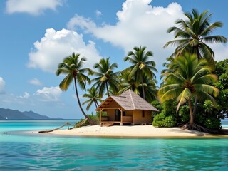 Obraz premium Tropical Beach Bungalow Palm Trees Ocean Paradise Idyllic Island Getaway Summer Vacation
