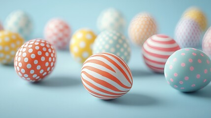 Colorful Easter eggs with polka dots and stripes, arranged in a scattered pattern on a soft blue background 