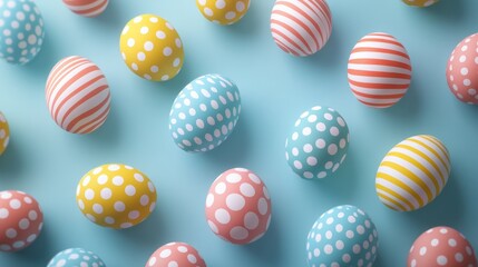 Colorful Easter eggs with polka dots and stripes, arranged in a scattered pattern on a soft blue background 