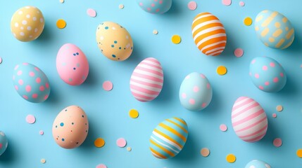 Fototapeta premium Cute and colorful Easter eggs with stripes and polka dots scattered across a soft blue background 