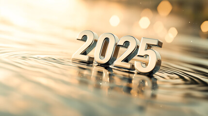 A serene water surface with "2025" emerging, sparkling reflections and suspended droplets in a soft and futuristic setting