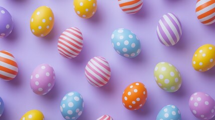 Fototapeta premium Cute small Easter eggs in different bright colors with stripes and polka dots on a light lavender background 