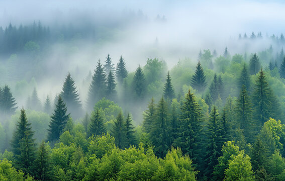 Beautiful aerial view of a misty forest landscape with green trees and fog in the spring, a top-down view from a drone