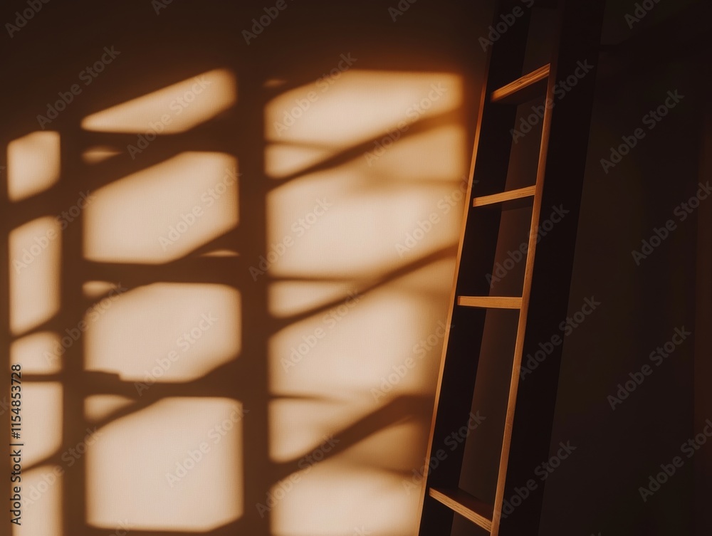 Poster a metallic ladder leans against a softly illuminated beige wall, casting intricate geometric shadows