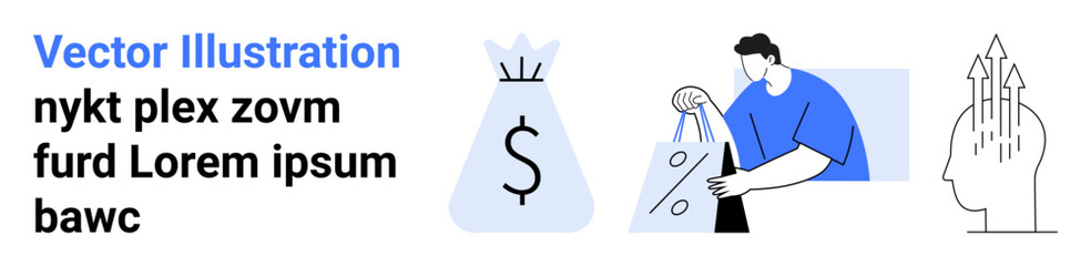 Man in blue shirt holding a shopping bag, dollar sign money bag, brain with arrows indicating growth. Ideal for financial planning, retail business, economic growth, fiscal strategies, business