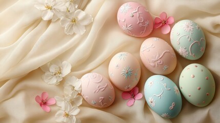 Easter eggs in different pastel colors with delicate designs scattered over a soft cream-colored background 