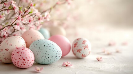 Easter eggs in different pastel colors with delicate designs scattered over a soft cream-colored background 
