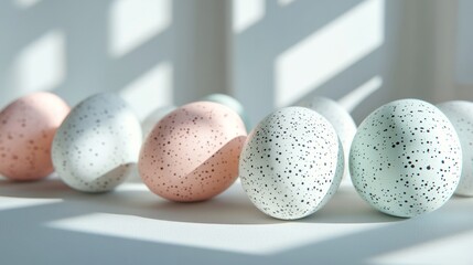 Easter eggs in pastel shades scattered over a clean white background with soft shadows 