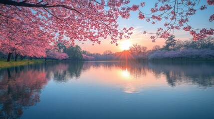 [serene lake reflection at sunset with cherry blossoms] Serene Reflections Lake Scene with Cherry Blossoms Under Sunset