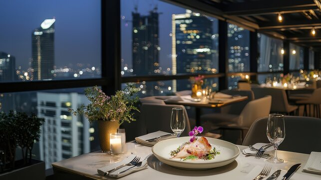 [Modern upscale restaurant interior at night] Luxury Dinner for Two by Night Under City Skyline
