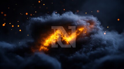 Fiery Letter N in Dark Smoky Cloudscape, Abstract Digital Art