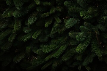 Dense green pine foliage and dark moody fir tree branches create a mysterious background atmosphere