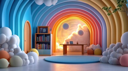 Fototapeta premium [Home Office balance comfort meetings] Whimsical Fantasy Room with Rainbow Hues and Childhood Wonder