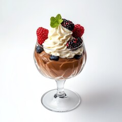 Chocolate mousse in a glass. Featuring whipped cream and berries