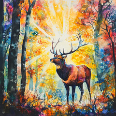 majestic elk stands tall in vibrant forest, illuminated by radiant sunlight breaking through colorful autumn foliage, creating serene and magical atmosphere