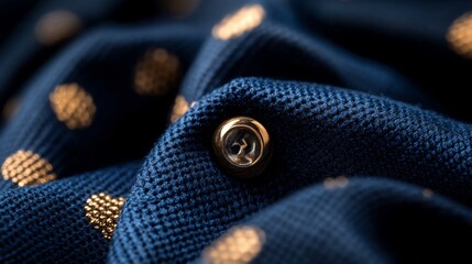 Close-up of Elegant Blue Polo Shirt with Golden Buttons