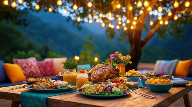 [Festive gatherings family lively joyous] Festive Outdoor Party Celebration with String Lights and Natural Shade