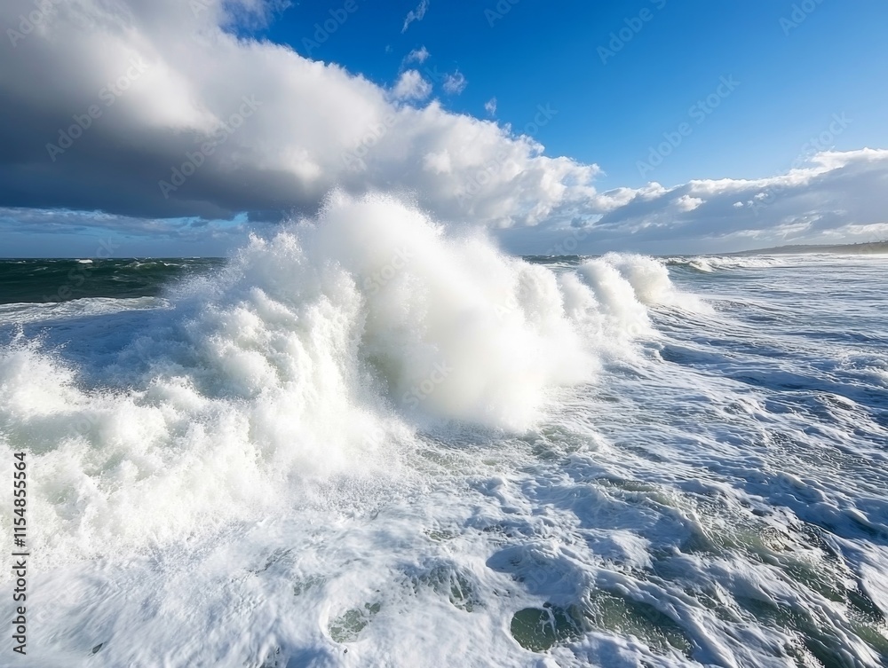Poster towering ocean wave rises dramatically with sunlight shining through the water, casting a translucen