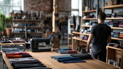 Obraz premium This workspace features a sewing machine at the center, with neatly arranged fabric swatches and tools on a wooden table, providing an inspiring creative environment