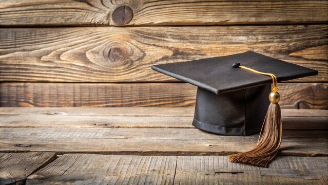 A black graduation cap rests on a rustic wooden surface, symbolizing academic achievement and the pursuit of knowledge.