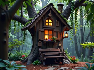 Fototapeta premium Enchanting Treehouse in Misty Forest Cozy Cottage Magical Home