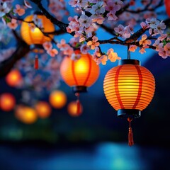 Obraz premium [Cherry Blossom Nighttime Scene with Lanterns] Cherry Blossom Night Market Scene with Lanterns, Vietnamese New Year Festival Celebration