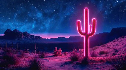 Glowing Pink Neon Cactus in Starry Desert Night Landscape Surreal Experience Under Stars - Powered by Adobe