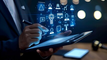 Businessman analyzing AI ethics icons on virtual screen for regulatory compliance