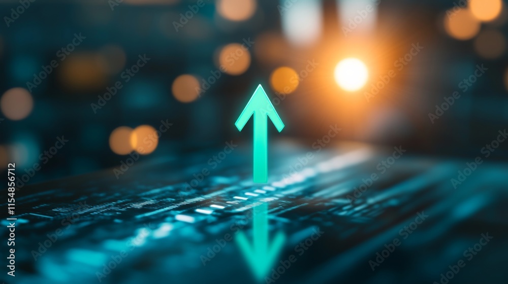 Poster A bright green arrow illuminates a sleek digital screen, pointing upwards amidst a dark, futuristic backdrop featuring subtle geometric designs and ample copy space