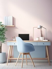 Fototapeta premium A tranquil pastel minimalist workspace showcases a soft pink desk, blue stationery, and a delicate green plant, fostering an inspiring and serene environment.