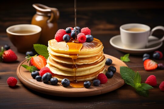A delightful Pancake Day scene showcases a stack of golden pancakes adorned with fresh berries and syrup, complemented by a wooden spatula and a steaming cup of coffee.